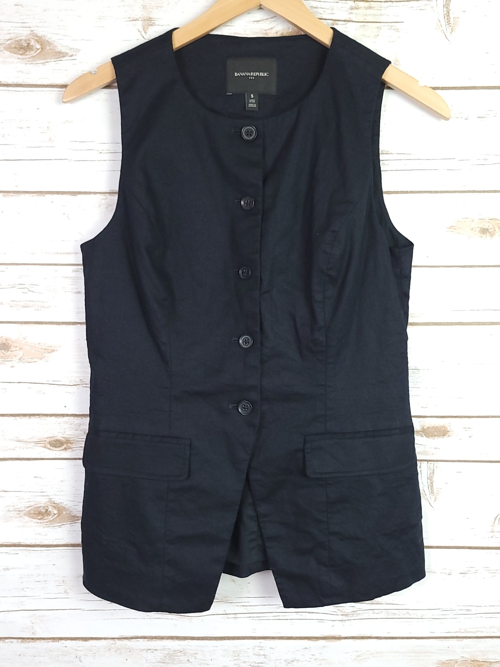 Banana Republic Black Linen Blend Long Cutaway Vest Small